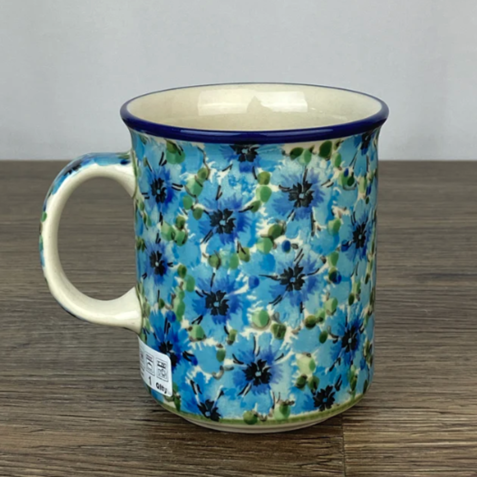 Polish Pottery Polish Straight Mug 8oz UNIKAT, Big Blue Flower | Polish Pottery