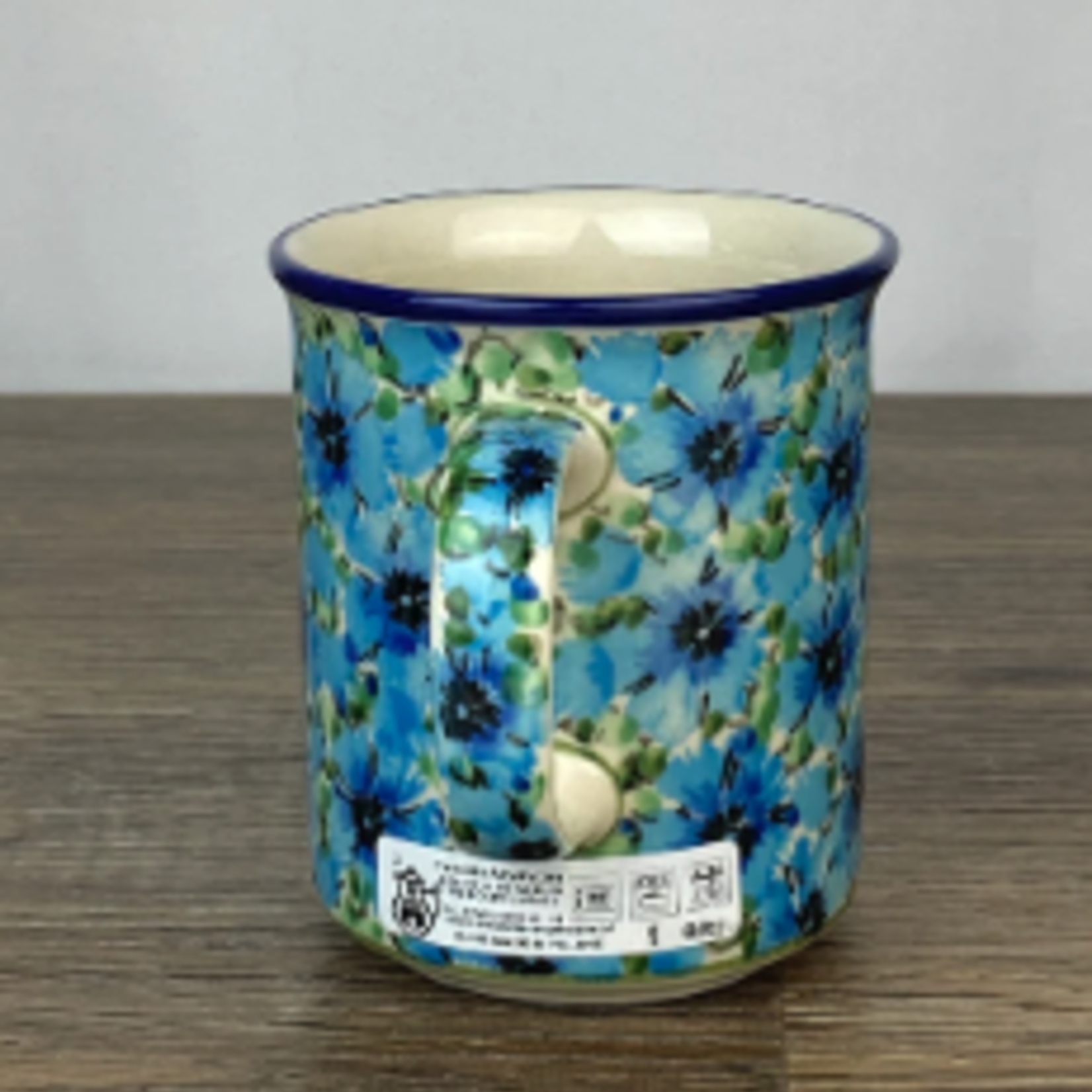 Polish Pottery Polish Straight Mug 8oz UNIKAT, Big Blue Flower | Polish Pottery