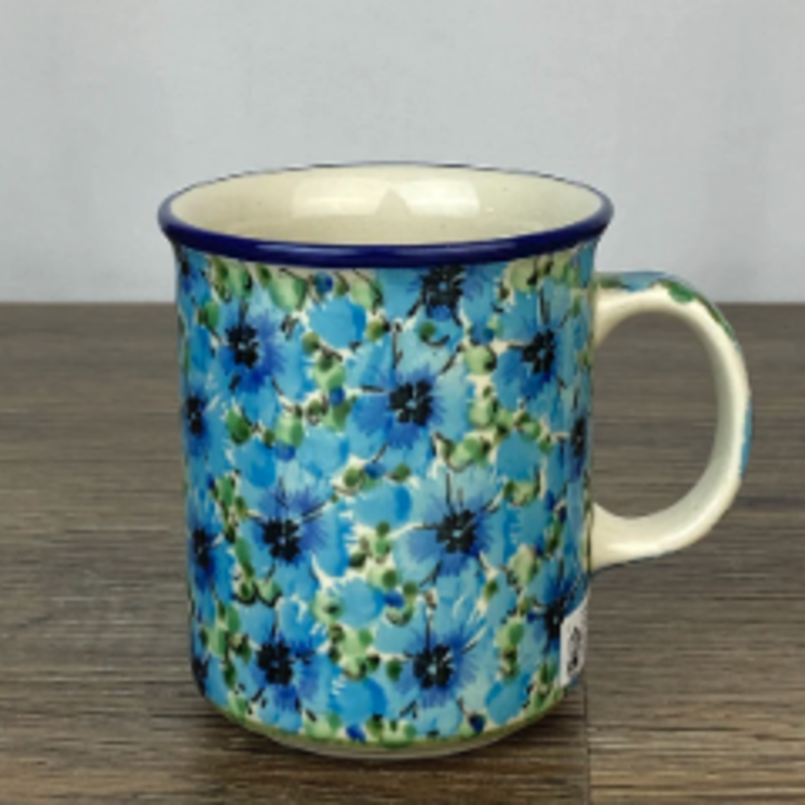 Polish Pottery Polish Straight Mug 8oz UNIKAT, Big Blue Flower | Polish Pottery