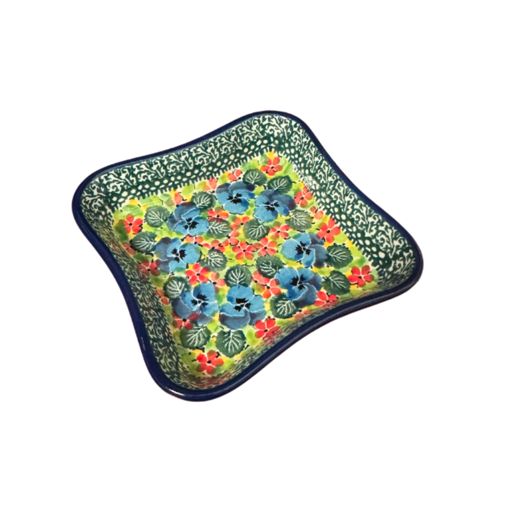 Polish Pottery Polish Shallow 4" Dish UNIKAT, Blue Flowers | Polish Pottery