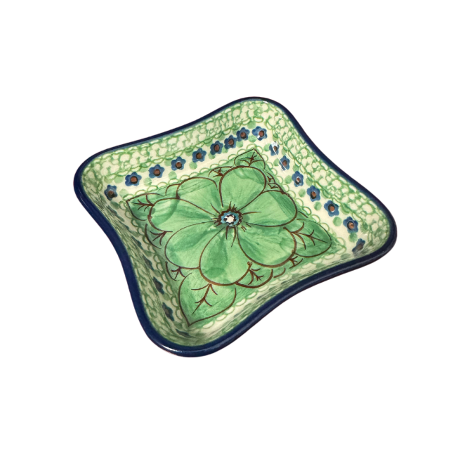 Polish Pottery Polish Shallow 4" Dish UNIKAT Green Flower | Polish Pottery