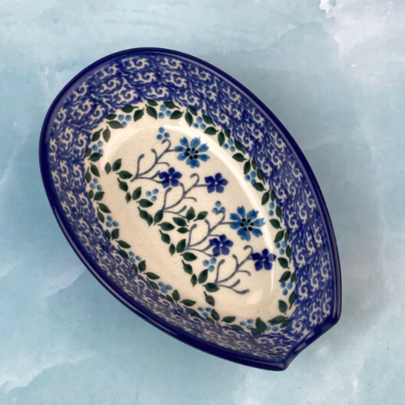 Polish Pottery Spoon Rest - Short, Blue Bloom | Polish Pottery