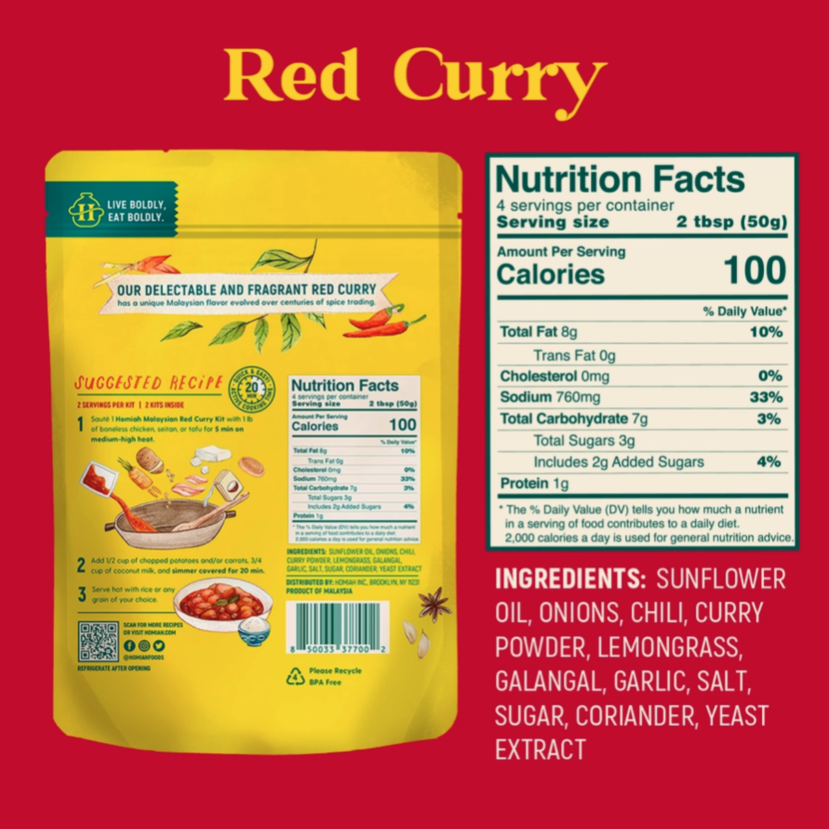 Homiah Malaysian Red Curry Paste/ Spice Kit, 7 oz