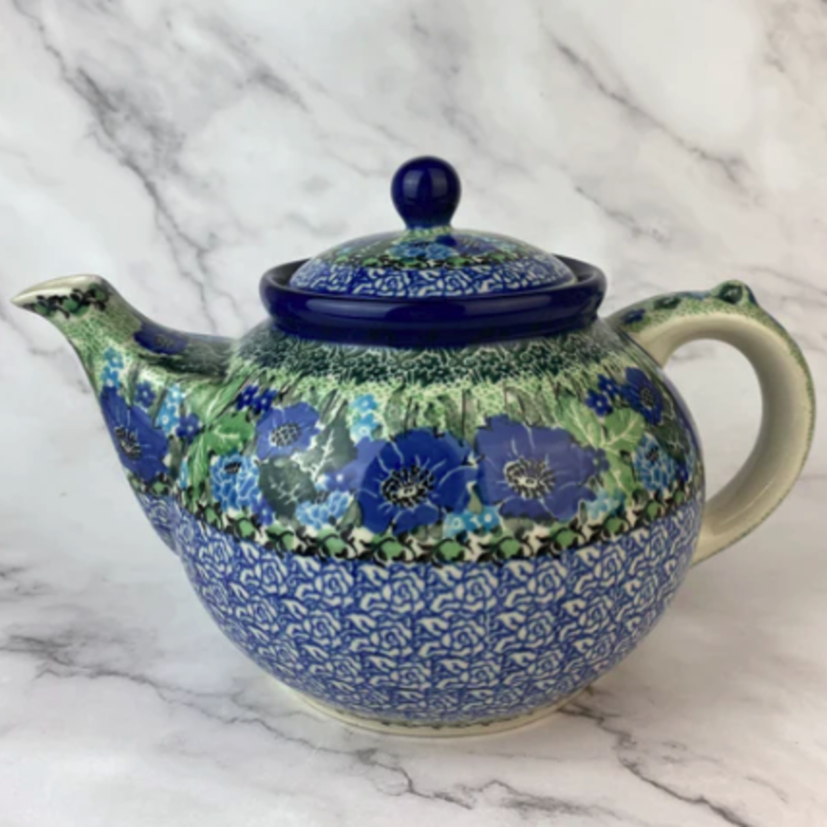 Polish Pottery Polish Teapot 5 Cup UNIKAT, Blue Flowers | Polish Pottery