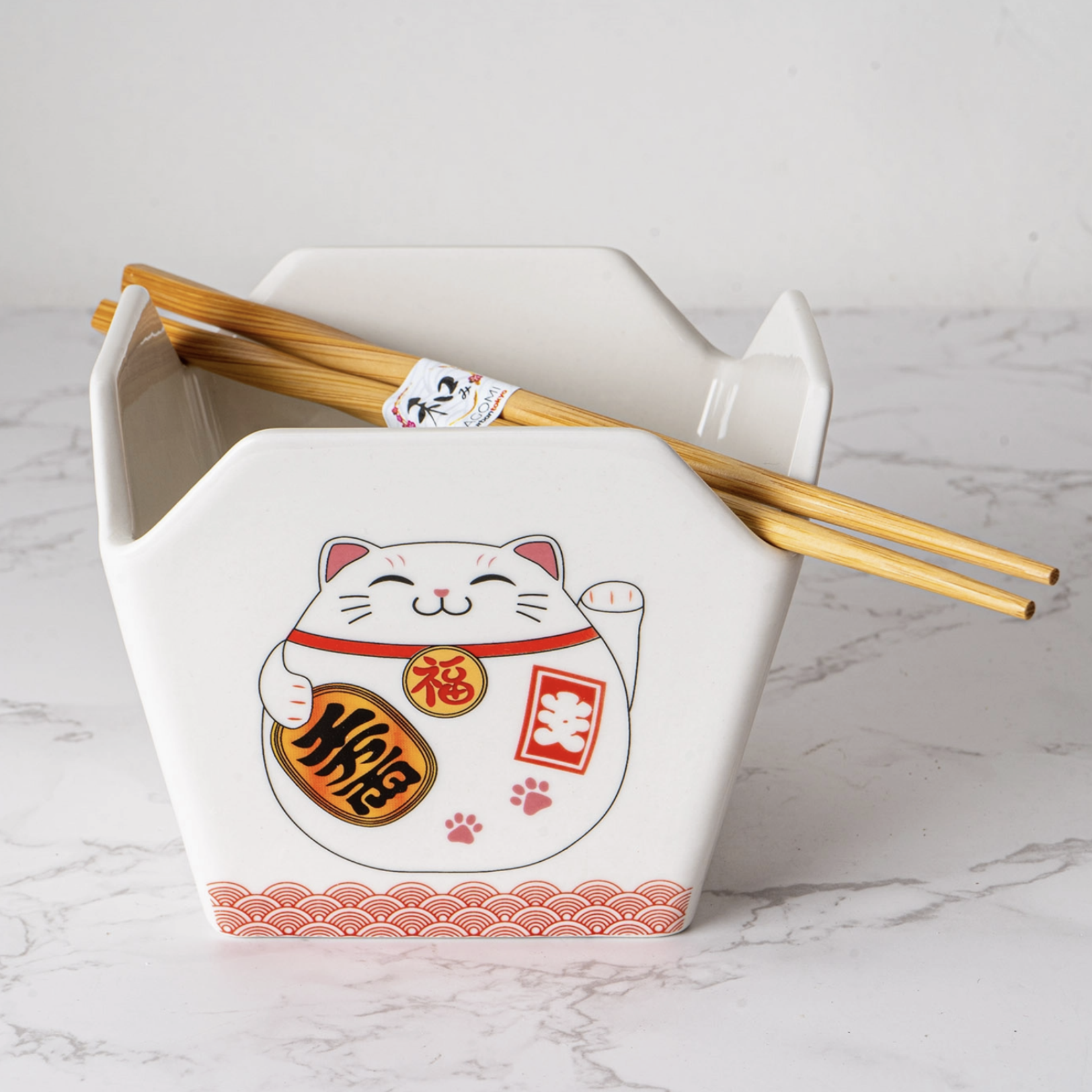 Urban Tokyo 16oz 5"W x 4"H Takeout Box Serving Bowl With Chopsticks Lucky Cat | Urban Tokyo