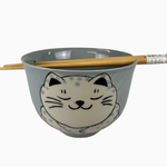 Urban Tokyo 18oz 5"D Donburi Bowl With Chopsticks Set Chubby Cat Design Gray