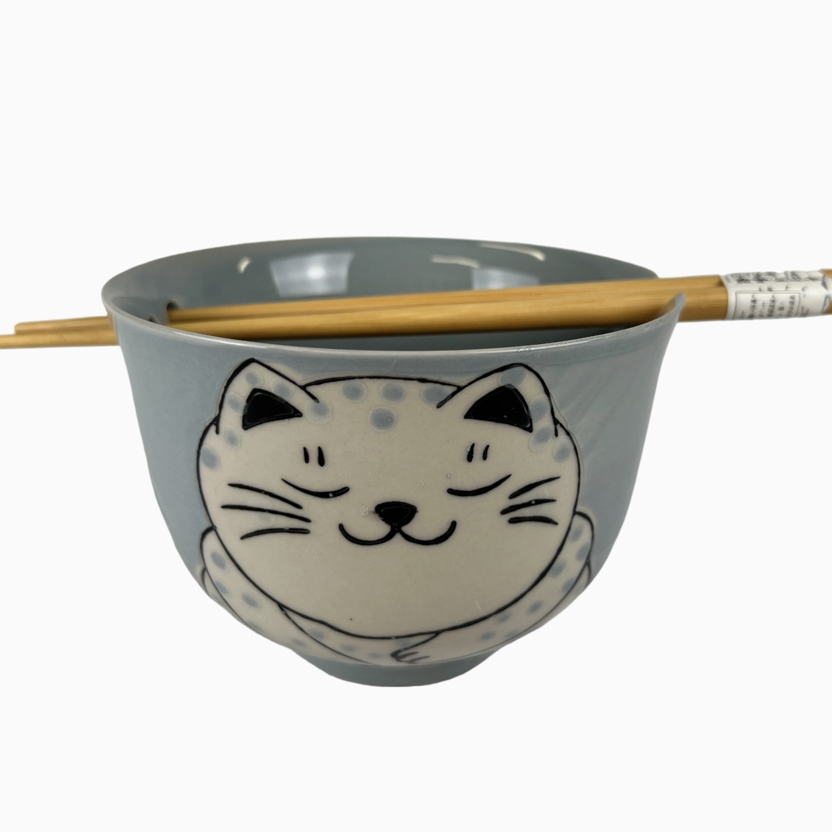 Urban Tokyo 18oz 5"D Donburi Bowl With Chopsticks Set Chubby Cat Design Gray