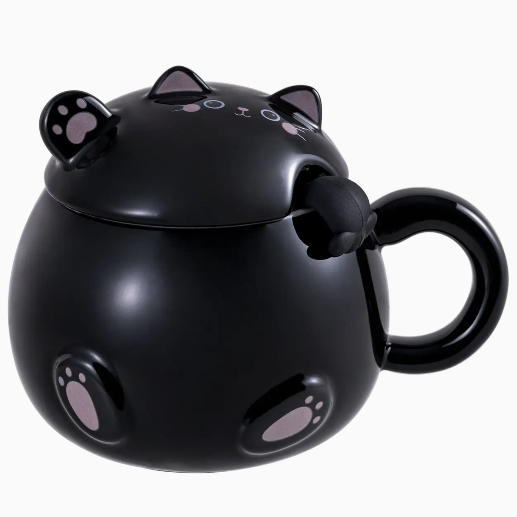 Urban Tokyo Whimsy Cat 15oz Mug With Lid and Spoon Black
