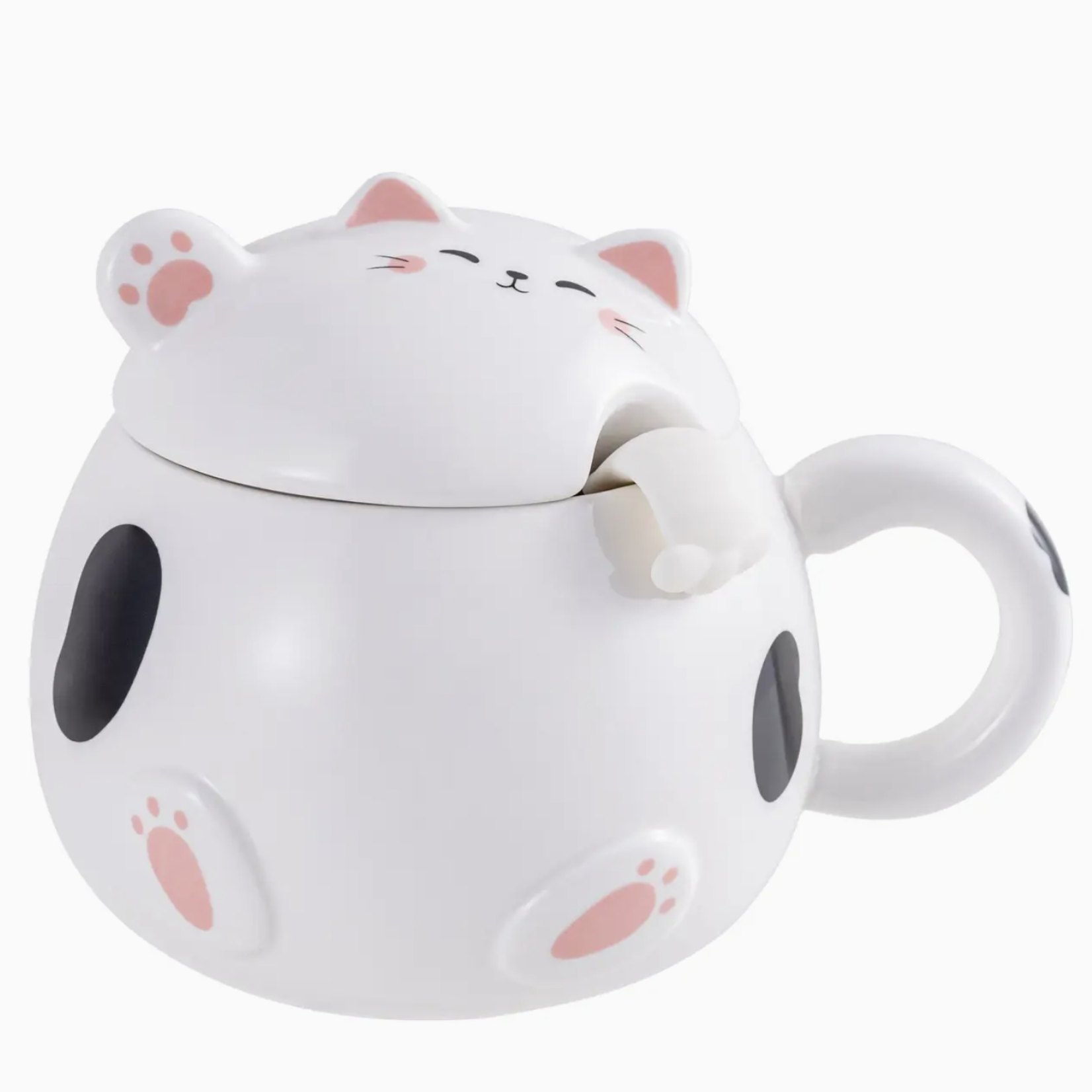Urban Tokyo Whimsy Cat 15oz Mug with Lid and Spoon White | Urban Tokyo