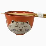 Urban Tokyo 18oz 5"D Donburi Bowl With Chopsticks Set Chubby Cat Design Orange