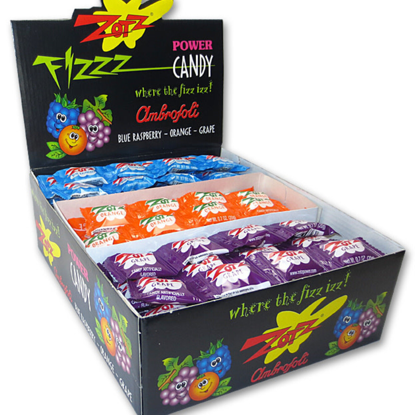 Grandpa Joes Zotz Fizzing Candy Strings, Blue/Orange/Grape