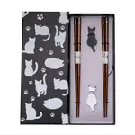 Urban Tokyo Black White Cat 2 Pair Wooden Chopsticks and Chopsticks Rests Gift Set