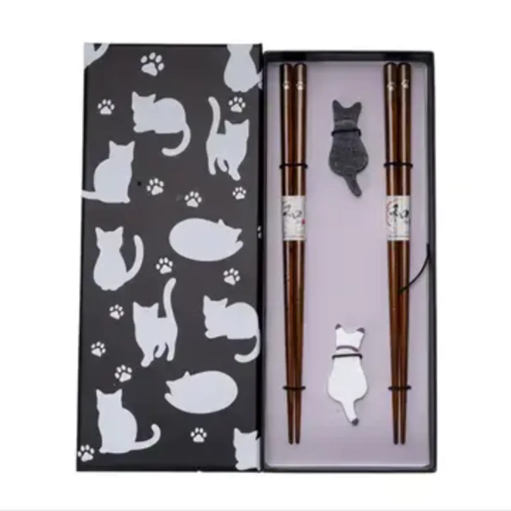 Urban Tokyo Black White Cat 2 Pair Wooden Chopsticks and Chopsticks Rests Gift Set