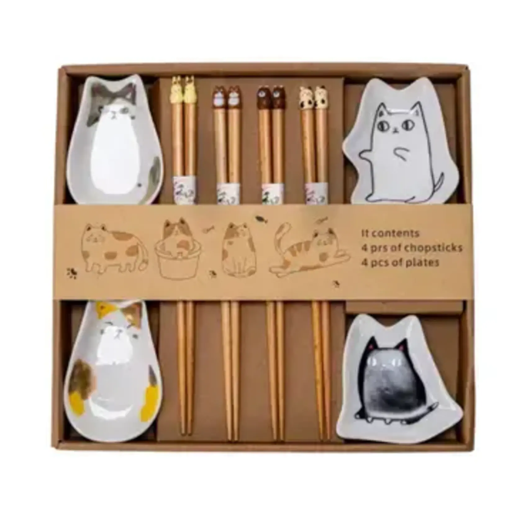Urban Tokyo 4 Pair Cute Cats Wooden Chopsticks and Sauce Dish Gift Set