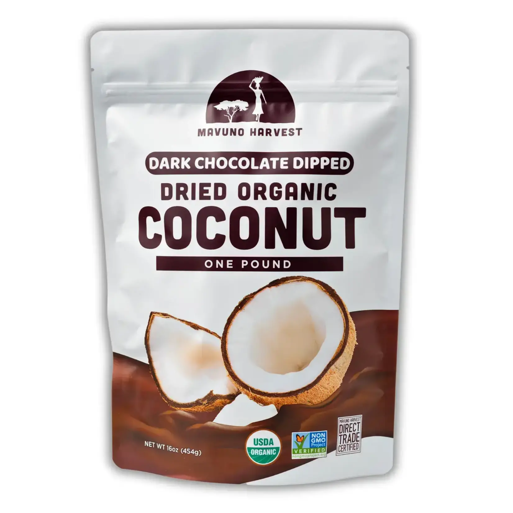 MAVUNO ORG HARVEST Organic Dark Chocolate Dipped Dried Coconut 3 OZ | MAVUNO ORG HARVEST