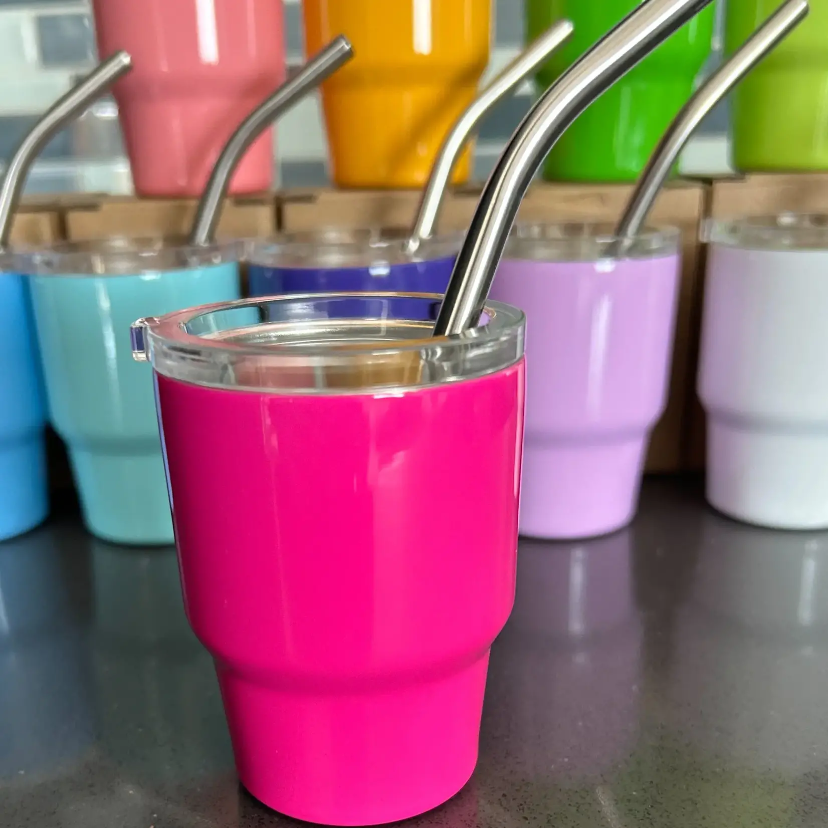 3 Oz. Tumbler Shot Glass with Metal Straw and Lid, Hot Pink