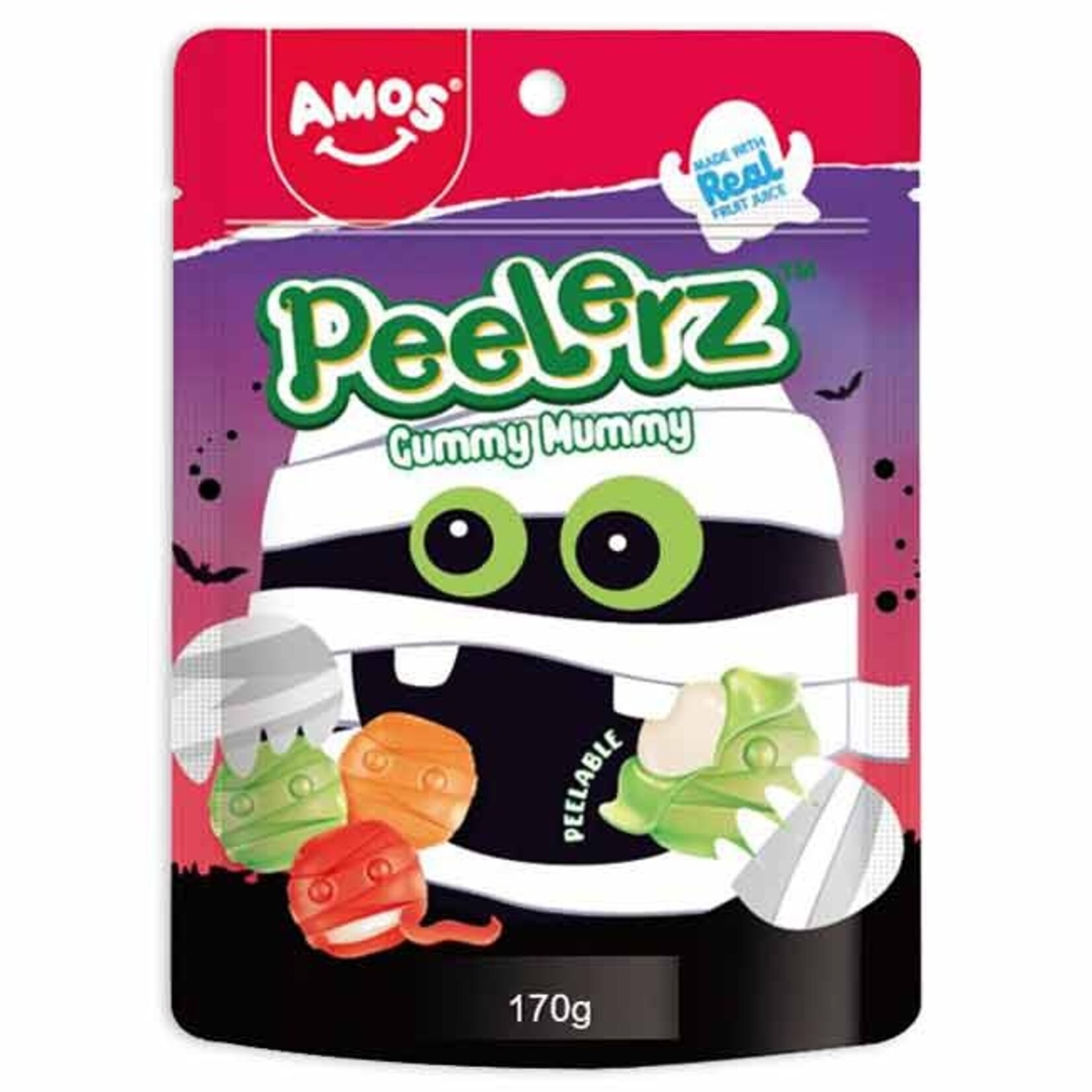 Redstone Candy AMOS PEELERZ GUMMY MUMMY PEG BAG (APPLE ORANGE STRAWBERY)