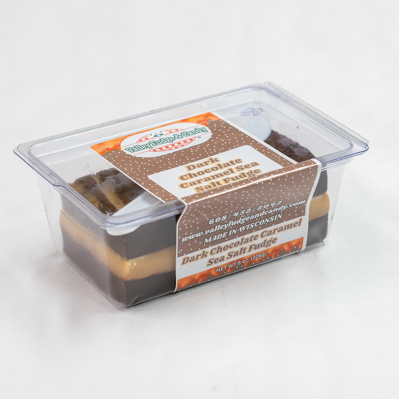 Valley Fudge Dark Chocolate Caramel Sea Salt Fudge 8oz Packaged