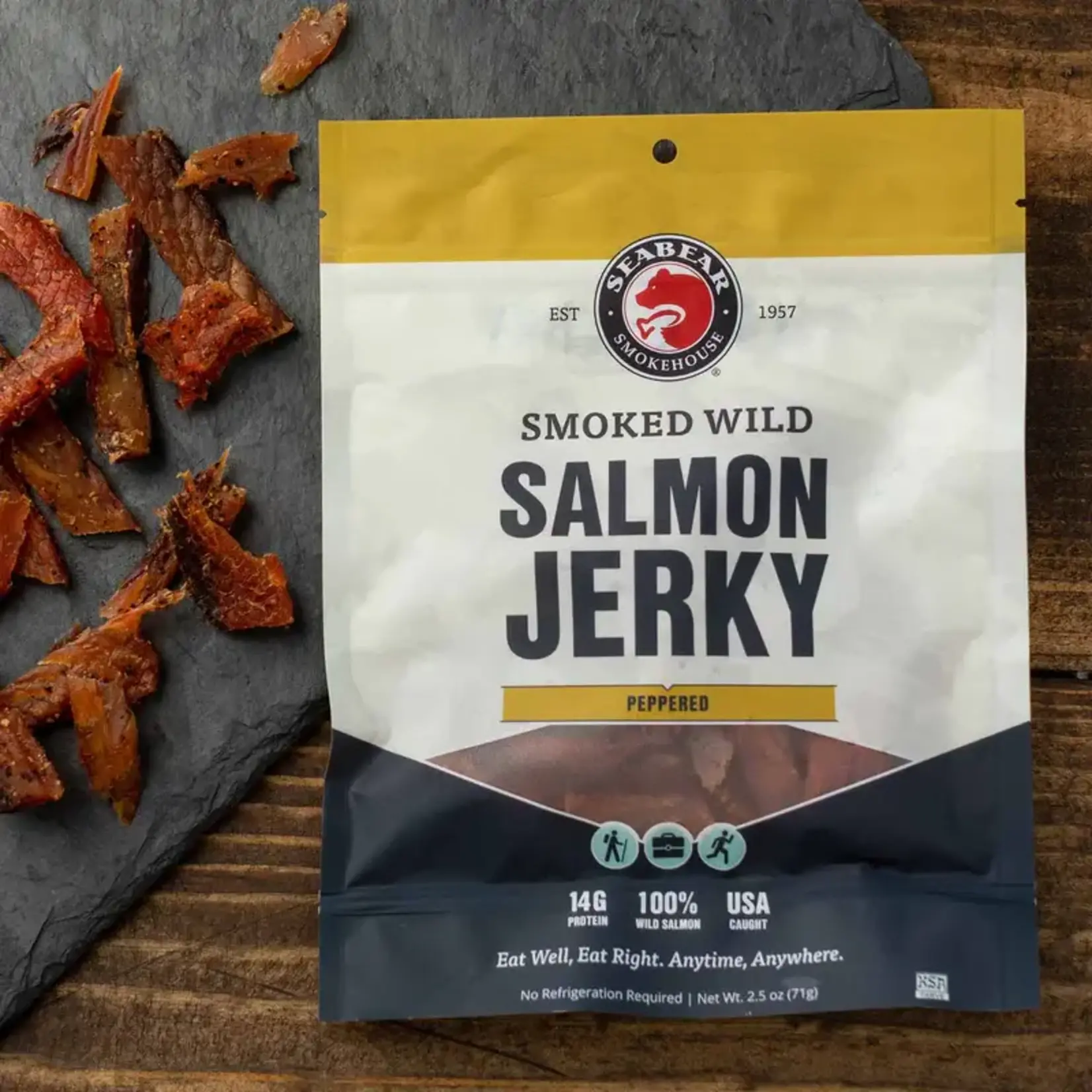SeaBear Smokehouse Smoked King Salmon Jerky Peppered 2.5oz | SeaBear Smokehouse