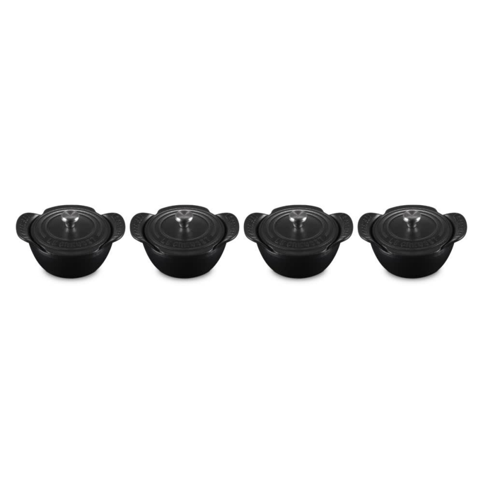 Le Creuset Set of 4  Mini Round Cocotte 1/3 QT Matte Black Ss Knob | Le Creuset