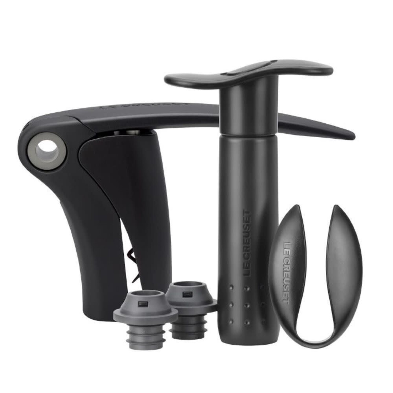 Le Creuset 5 Piece Wine Tools Gift Set (Compact Lever, Foil Cutter & Pump with 2 Stoppers) - Black/Grey | Le Creuset