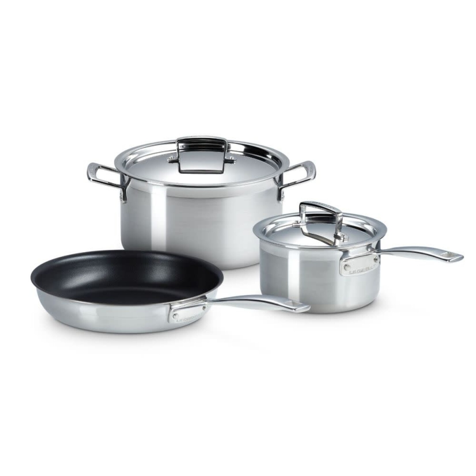 Le Creuset 5 Piece Set Classic Stainless Steel (9.5 in. Classic Non-stick Frying Pan, Classic Stockpot with Lid, Classic Round Saucepan with Lid) | Le Creuset