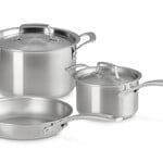 Le Creuset 5 Piece Set Essential Stainless Steel (9.5 in. Frying Pan, 3 qt. Saucepan with Lid, 4 qt. Stockpot with Lid) | Le Creuset
