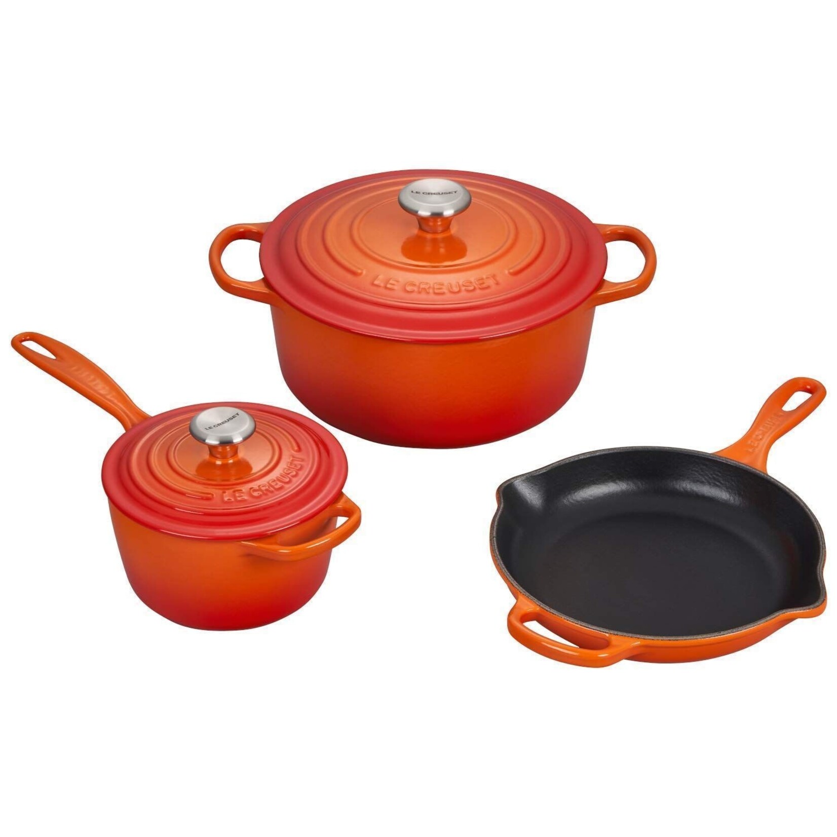 Le Creuset 5 Piece Signature Set - Flame (5.5 qt. Sig. RDO, 1.75 qt. Sig. Saucepan, 9" Sig. Skillet) | Le Creuset