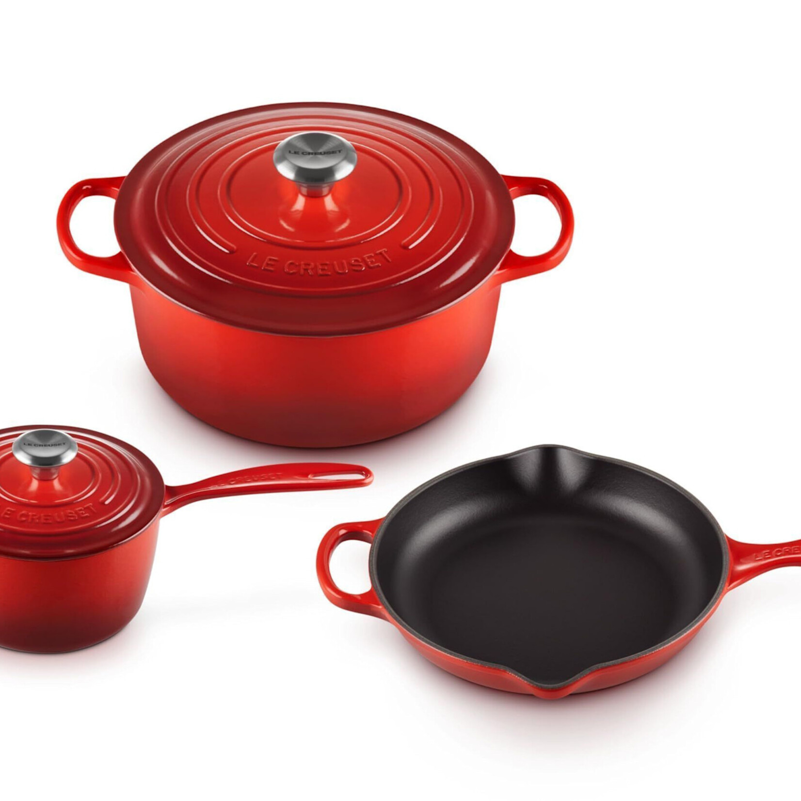 Le Creuset 5 Piece Signature Set - Cerise (5.5 qt. Sig. RDO, 1.75 qt. Sig. Saucepan, 9" Sig. Skillet) | Le Creuset