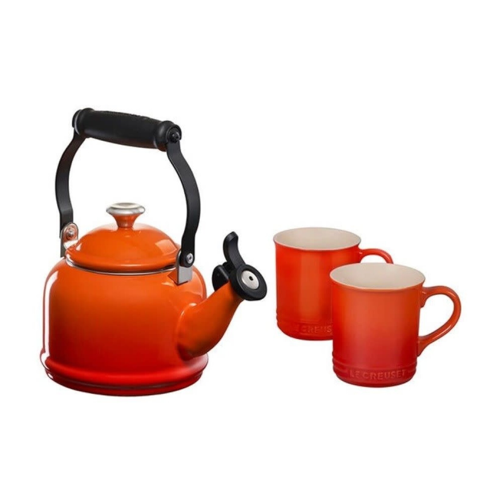 Le Creuset Demi  Kettle w/ SS Knob & 2 Mug Set - Flame  | Le Creuset