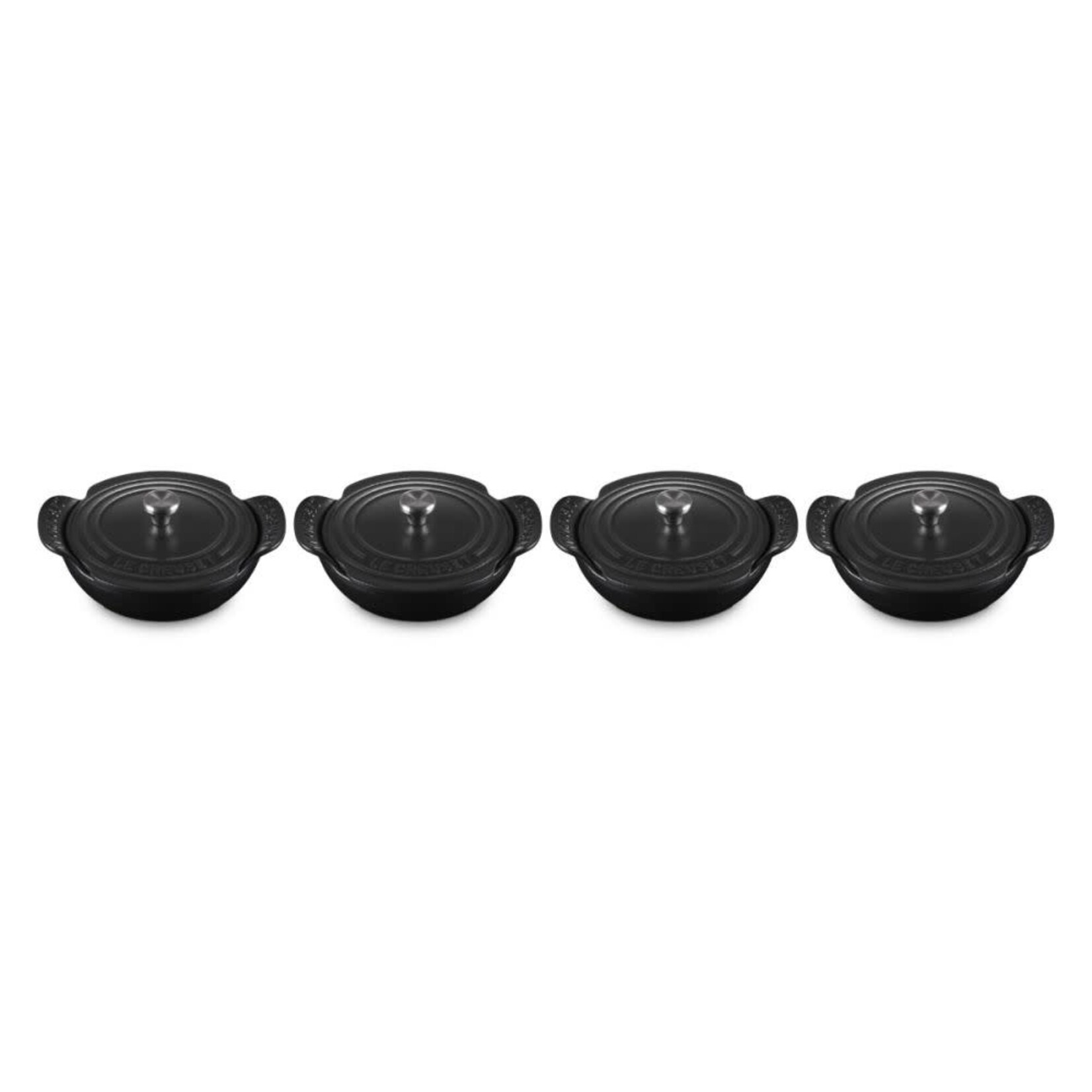 Le Creuset Set of 4  Mini Round Braiser 1/3 QT Matte Black Ss Knob | Le Creuset