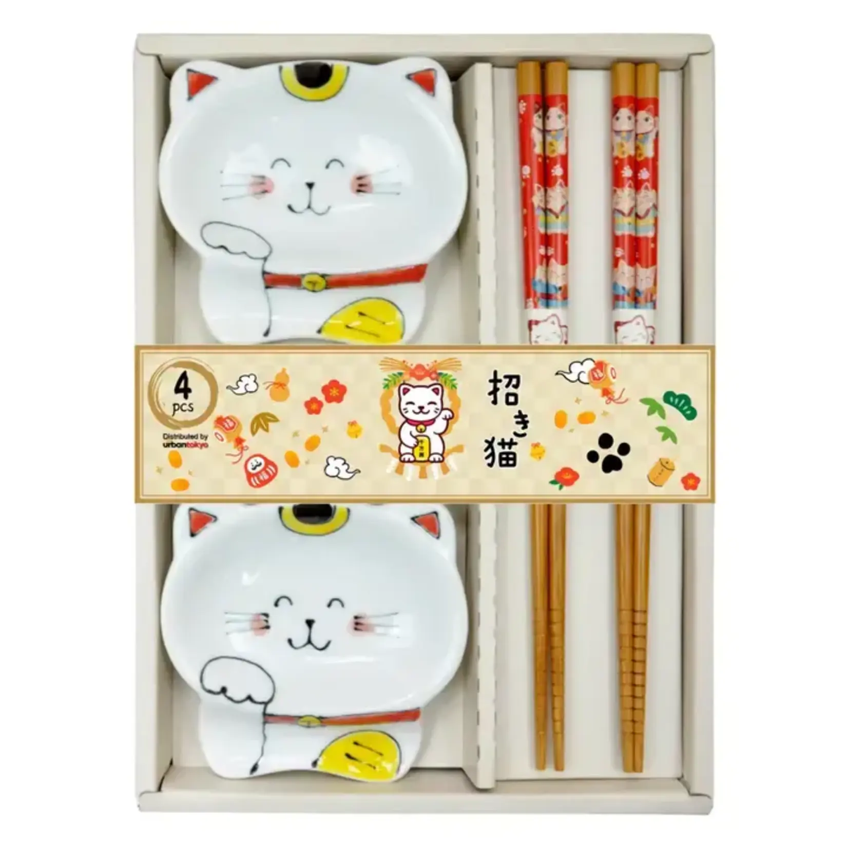Urban Tokyo Lucky Cats 2 Pair Wooden Chopsticks and Small Dish Gift Set (1/36)
