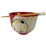 Urban Tokyo 18oz 5"D Donburi Bowl With Chopsticks Set Chubby Cat Design Red (4/16)