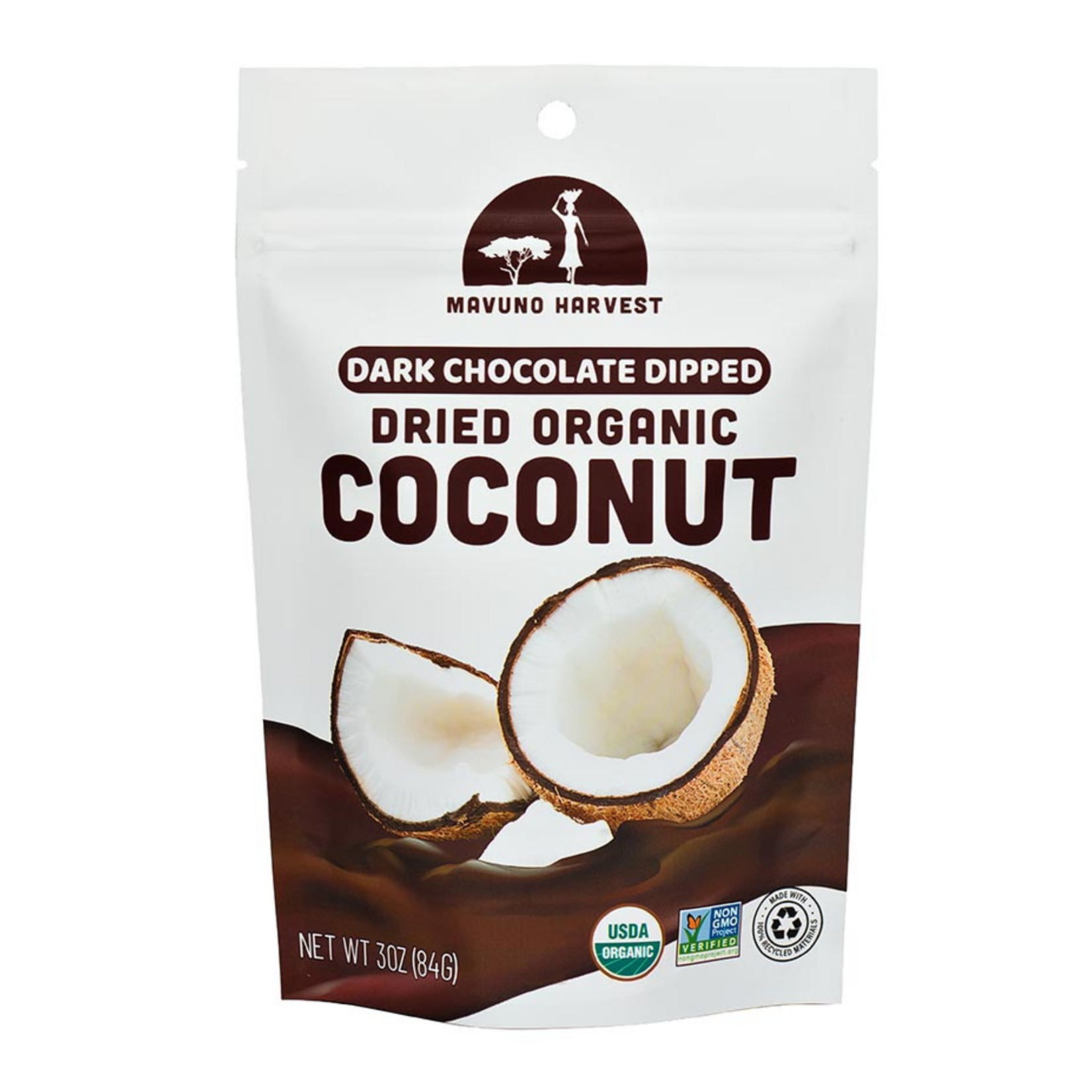 MAVUNO ORG HARVEST Organic Dark Chocolate Dipped Dried Coconut 3 OZ | MAVUNO ORG HARVEST