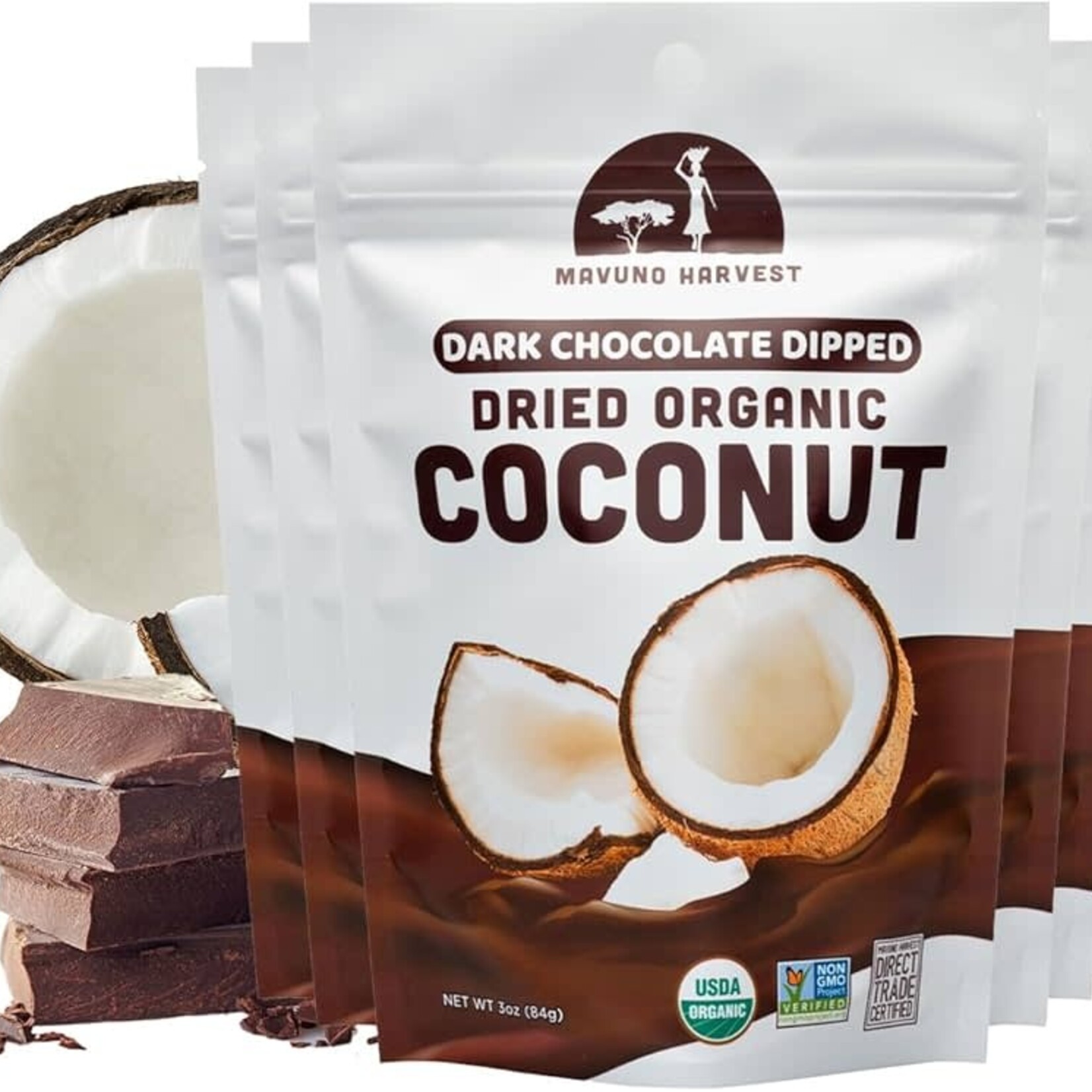 MAVUNO ORG HARVEST Organic Dark Chocolate Dipped Dried Coconut 3 OZ | MAVUNO ORG HARVEST
