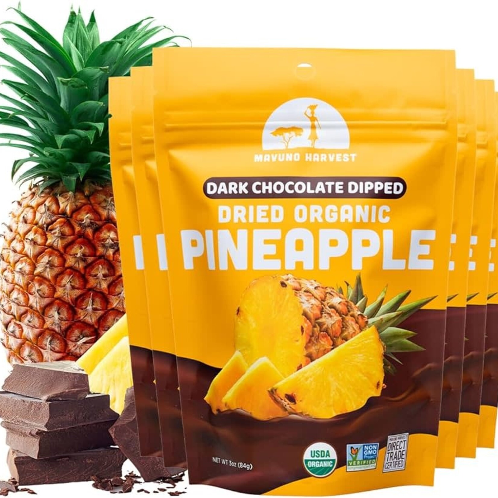 MAVUNO ORG HARVEST Organic Dark Chocolate Dipped Dried Pineapple 3 OZ | MAVUNO ORG HARVEST