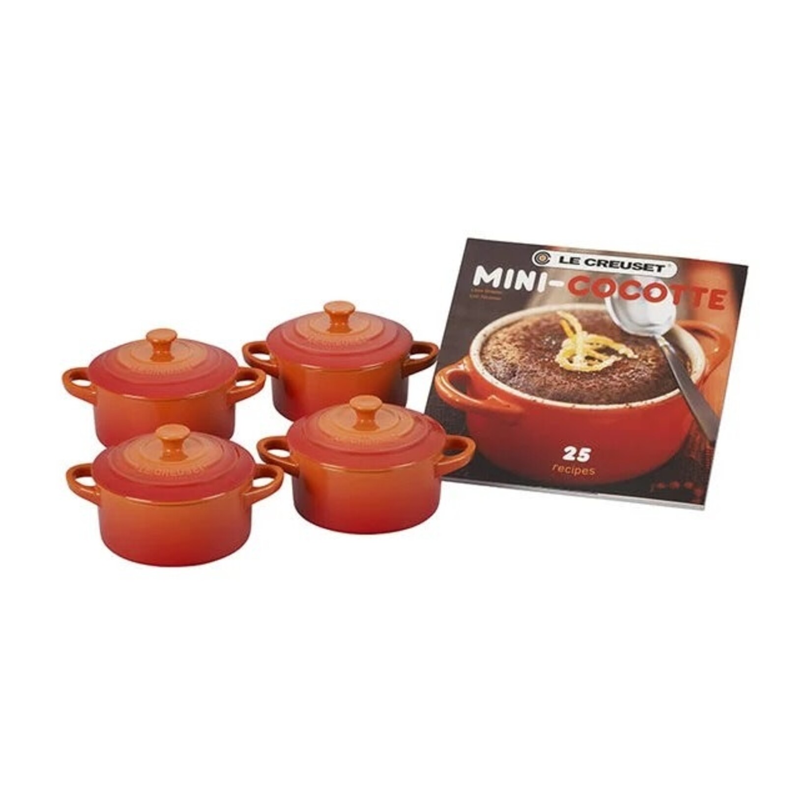 Le Creuset Set of 4 Cocottes w/ Mini-Cocotte Cookbook: Flame 8 oz. | Le Creuset