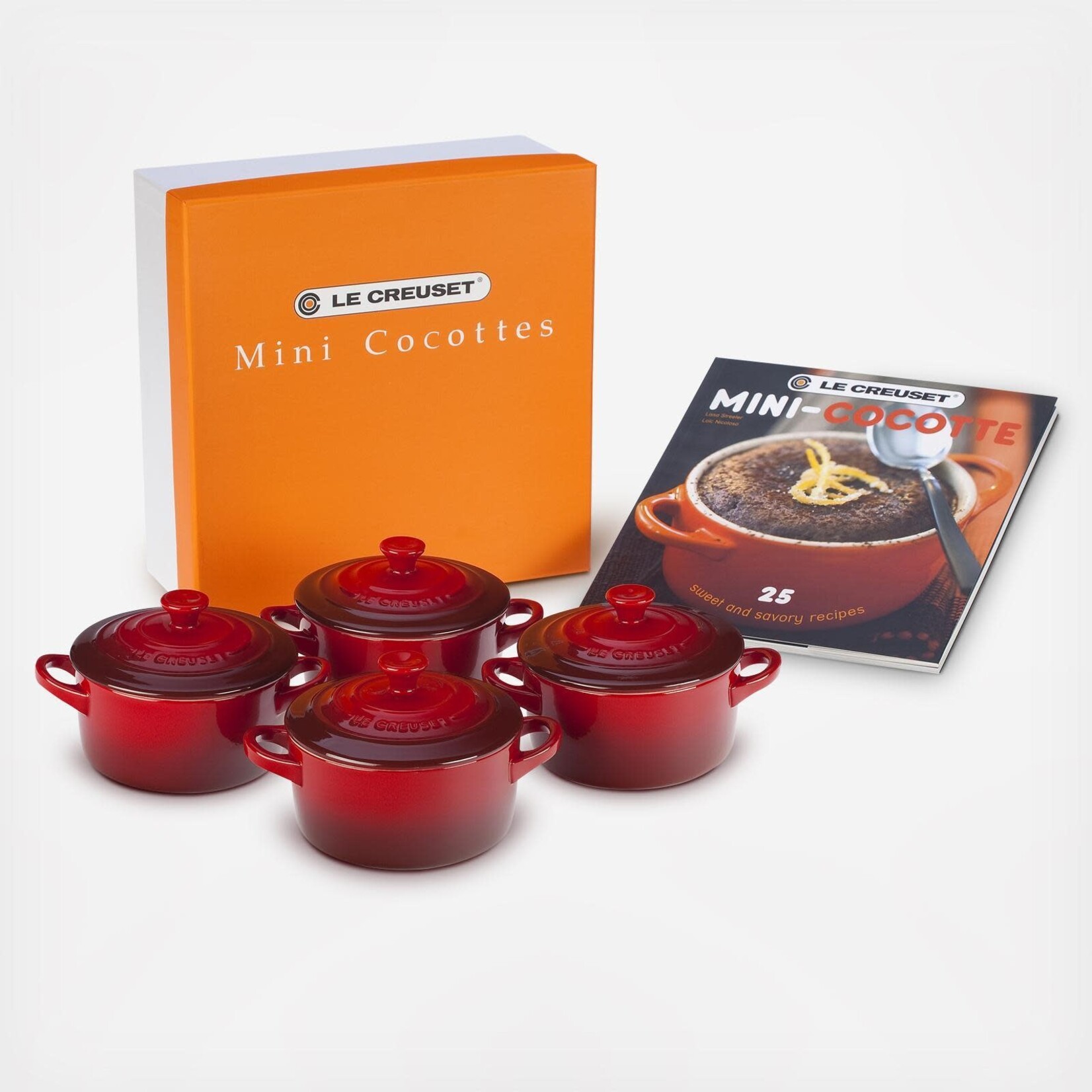 Le Creuset Set of 4 Cocottes w/ Mini-Cocotte Cookbook: Cerise 8 oz. | Le Creuset