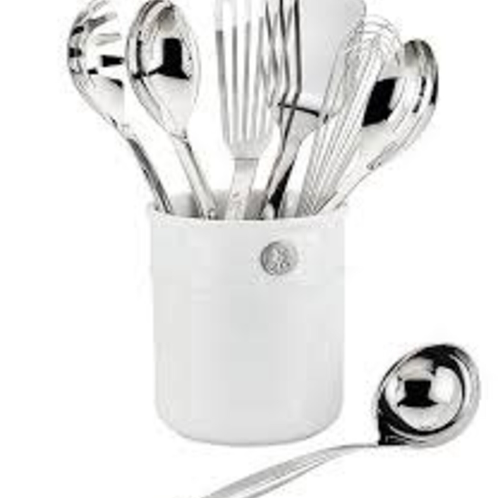 Hestan 8pc Ultimate Tool Set includes: Porcelain Bain Marie, Stainless Steel Solid Spoon, Slotted Spoon, Ladle, Turner/Spatula, Pasta Fork, Fish Spatula, 12" French Whisk - Provisions Stainless Steel Chef's Tools | Hestan