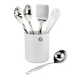 Hestan 6pc Deluxe Tool Set includes: Porcelain Bain Marie, Stainless Steel Solid Spoon, Ladle Pasta Fork, Turner/Spatula, French Whisk - Provisions Stainless Steel Chef's Tools | Hestan