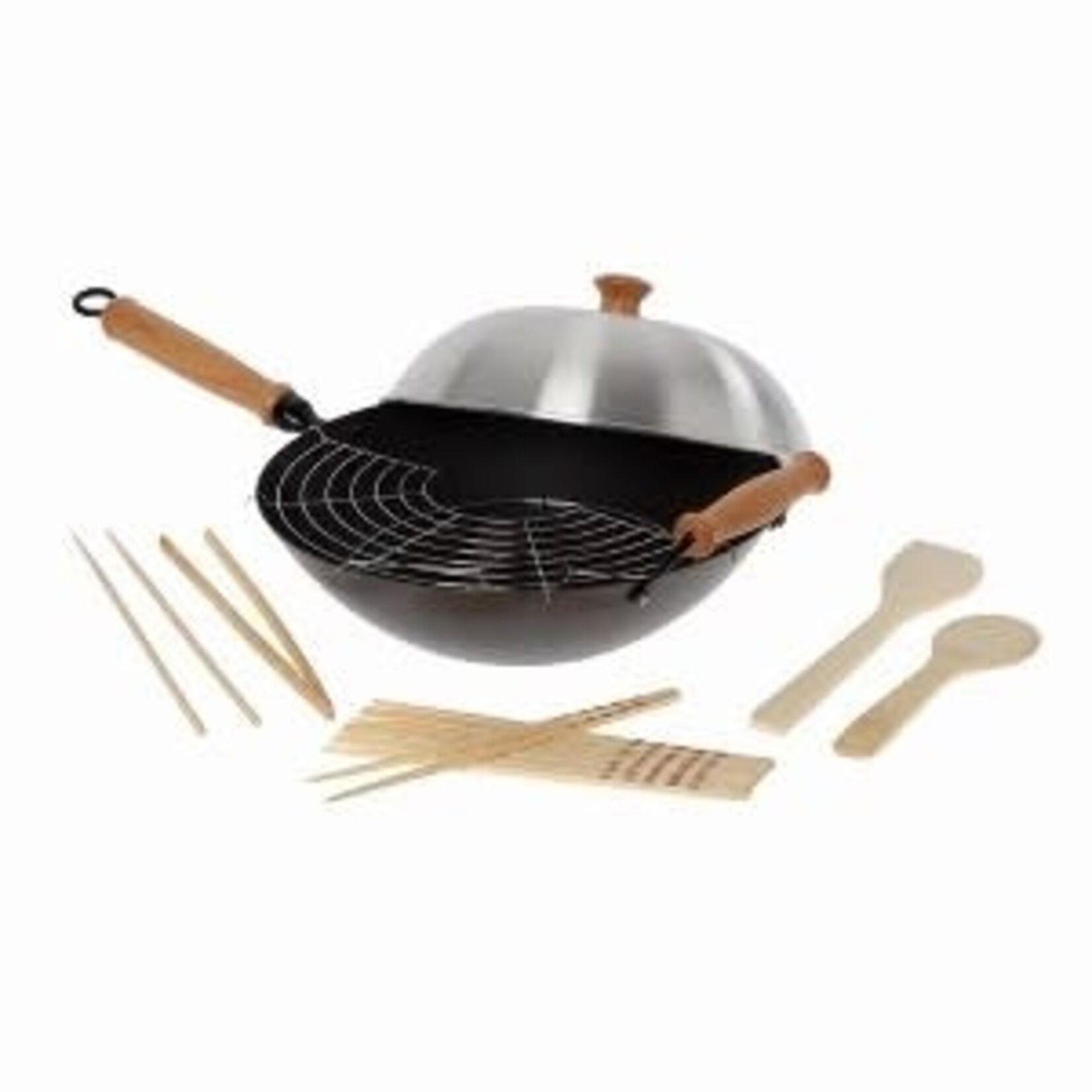 Joyce Chen Professional Series 14-Inch Carbon Steel Excalibur Nonstick Flat Bottom Wok Set with Lid and Maple Handles, 10 Pieces | Kitchen Supply