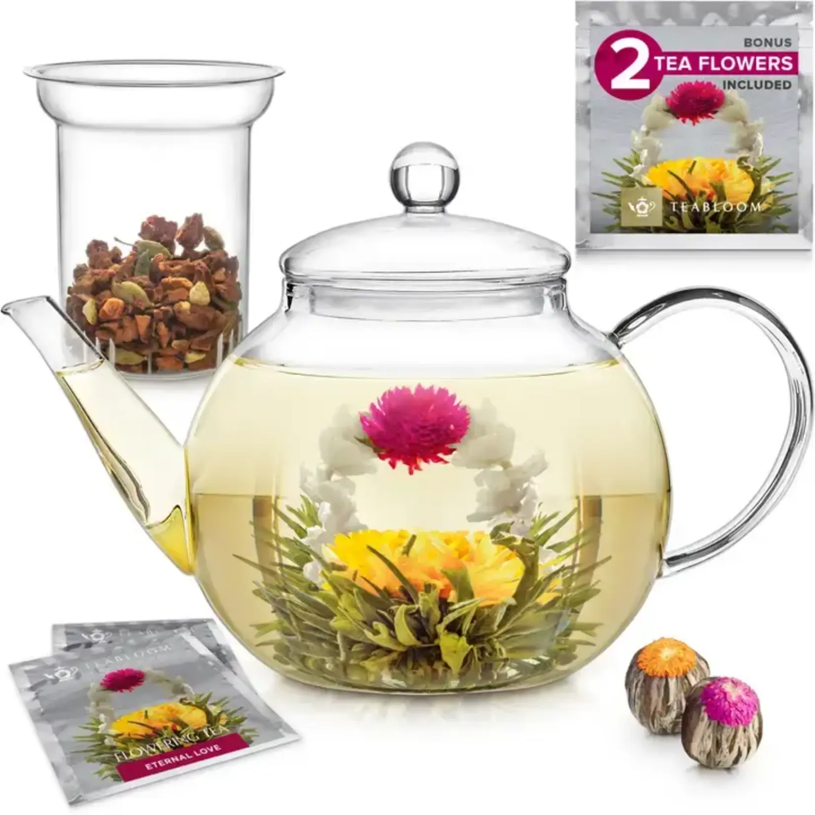 Teabloom Celebration Glass Teapot with Two Blooming Teas (40 oz)