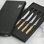Shun Classic Blonde 4 Pc Steak Knife Set: Four Steak Knives (DM0711W) in a boxed set.