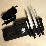 Shun Sora 5 Pc Student Set: Paring 3.5", Chef's 8", Bread 9", Combination Honing Steel, 8-slot Knife Roll (DM0880).