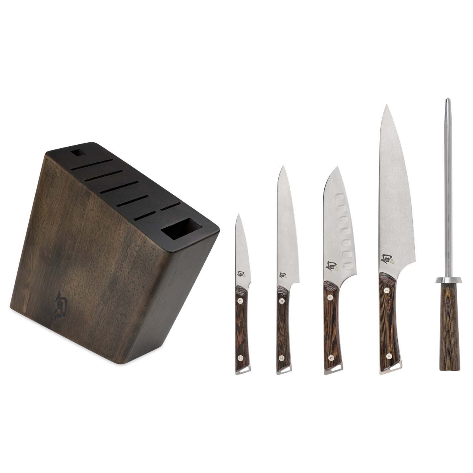 Shun Kanso 6 Pc Block Set: Paring 3.5", HG Santoku 5.5", Utility 6", Chef's 8", Combination Honing Steel, 8-Slot Block (DM0839).