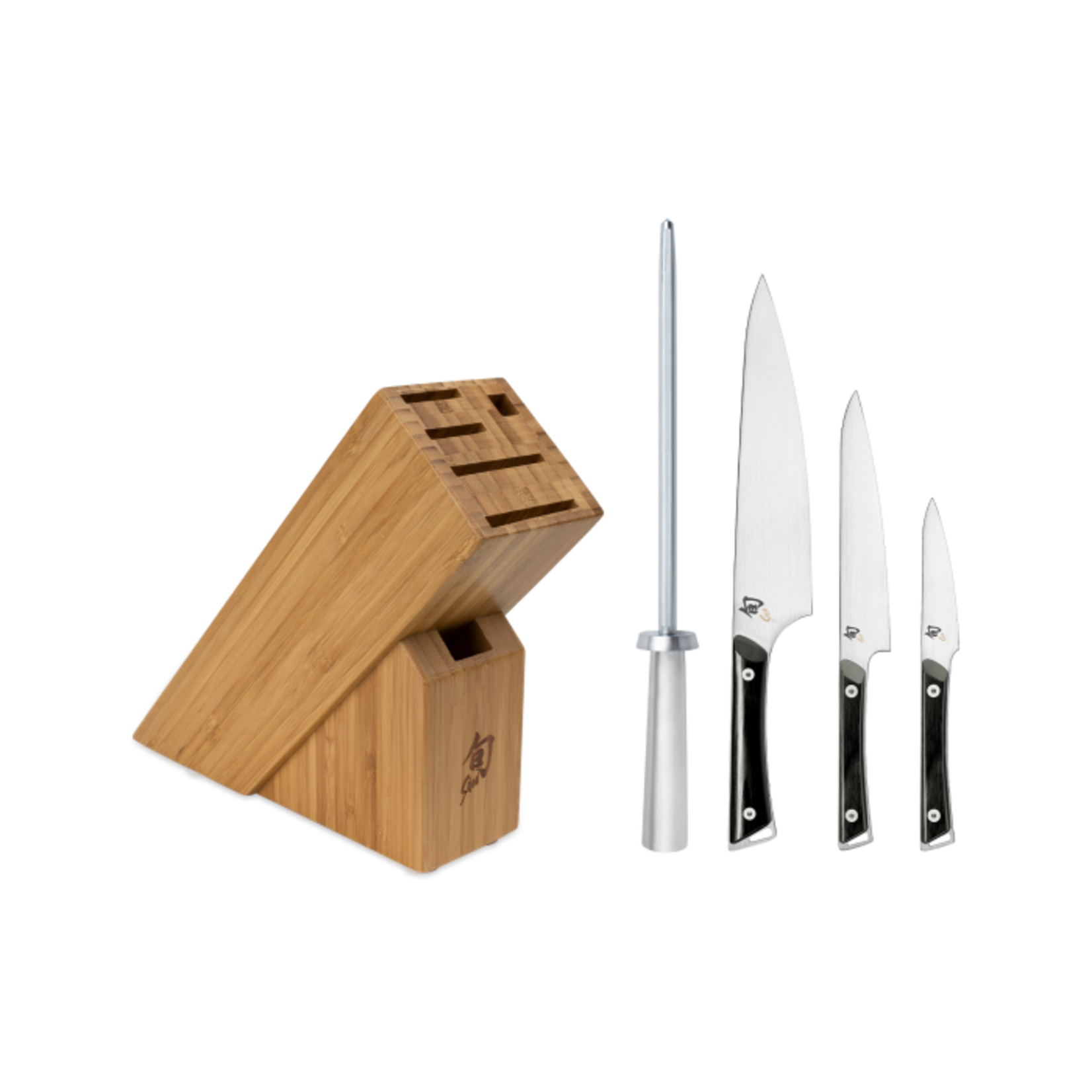 Shun Kazahana 5 Pc Starter Block Set: Paring 3.5", Utility 6", Chef's 8", SS Combination Honing Steel and 6-Slot Slimline Block (DM0845)