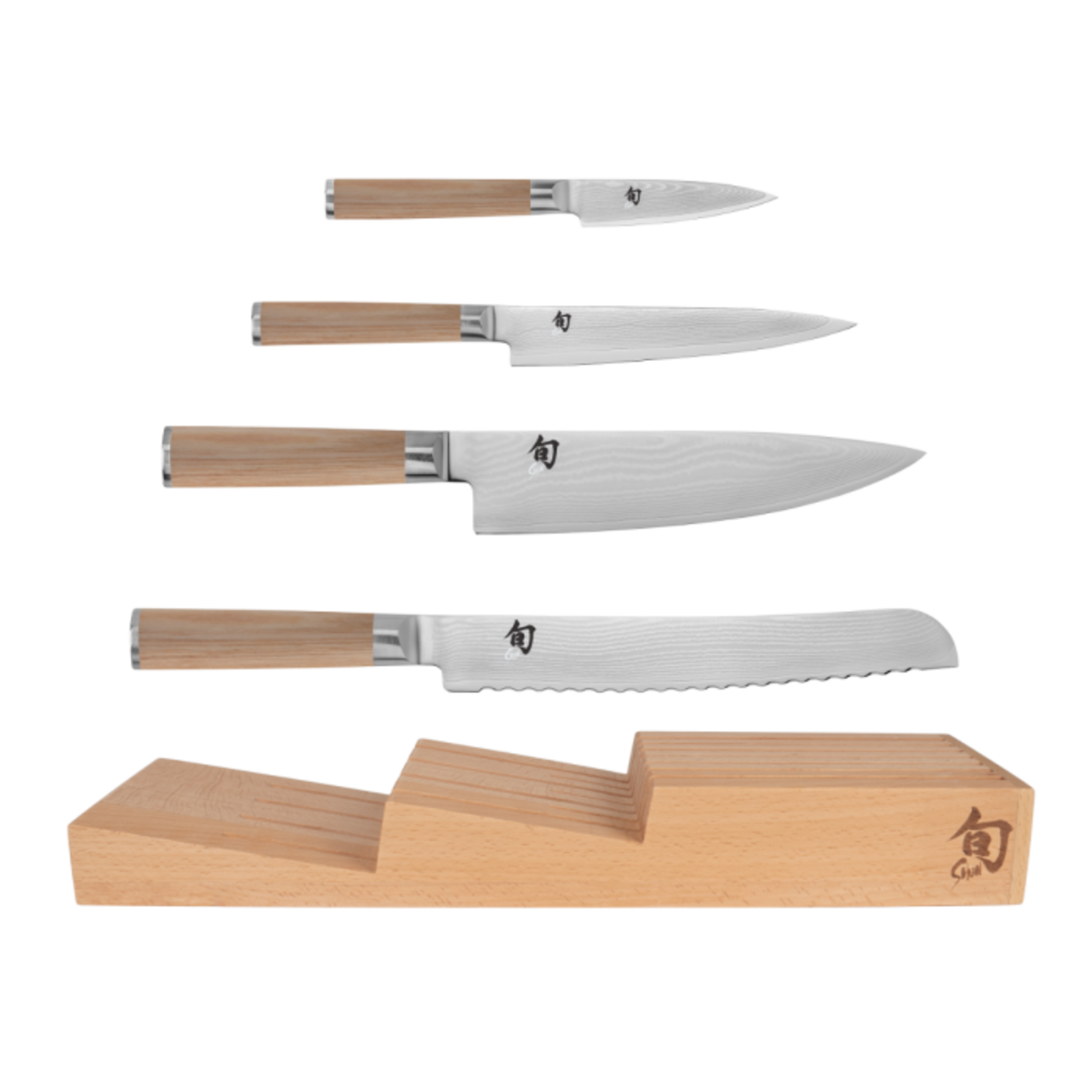 Shun Classic Blonde 5 Pc In-Drawer Set: Paring 3.5", Utility 6", Chef's 8", Bread 9"and 7-Slot In-Drawer Tray.