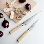 Shun Classic Blonde 7 Pc Block Set: Paring 3.5", Utility 6", Nakiri 6.5", Chef's 8", Bread 9", Satin Steel Honing Steel and 8-Slot Birchwood Kickstand Block (DM0838).