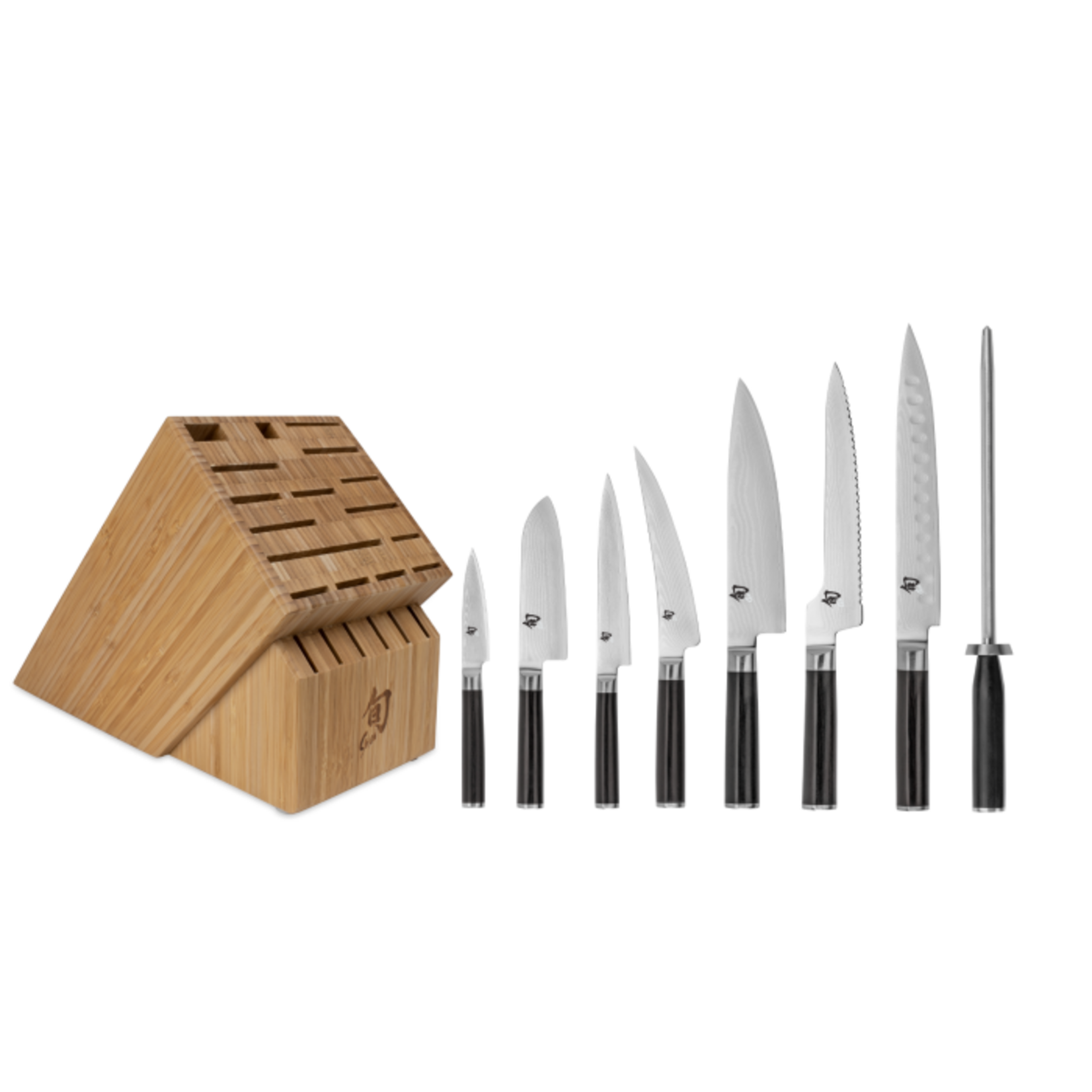 Shun Classic 9 Pc Chef's Choice Block Set: Paring 3.5", Santoku 5.5", Utility 6", Boning/Fillet 6", Chef's 8", Offset Bread 8.25", H.G. Slicing 9", Combination Honing Steel and 22-Slot Bamboo Block.