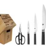 Shun Classic 7 Pc Essential Block Set: Paring 3.5", Utility 6", Chef 8", Bread 9", Combination Honing Steel, Herb Shears and 11-Slot Bamboo Block.